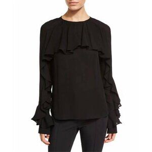 Veronica Beard Mia Black Luxury Silk Ruffle Neck Long Sleeve Blouse Top 6